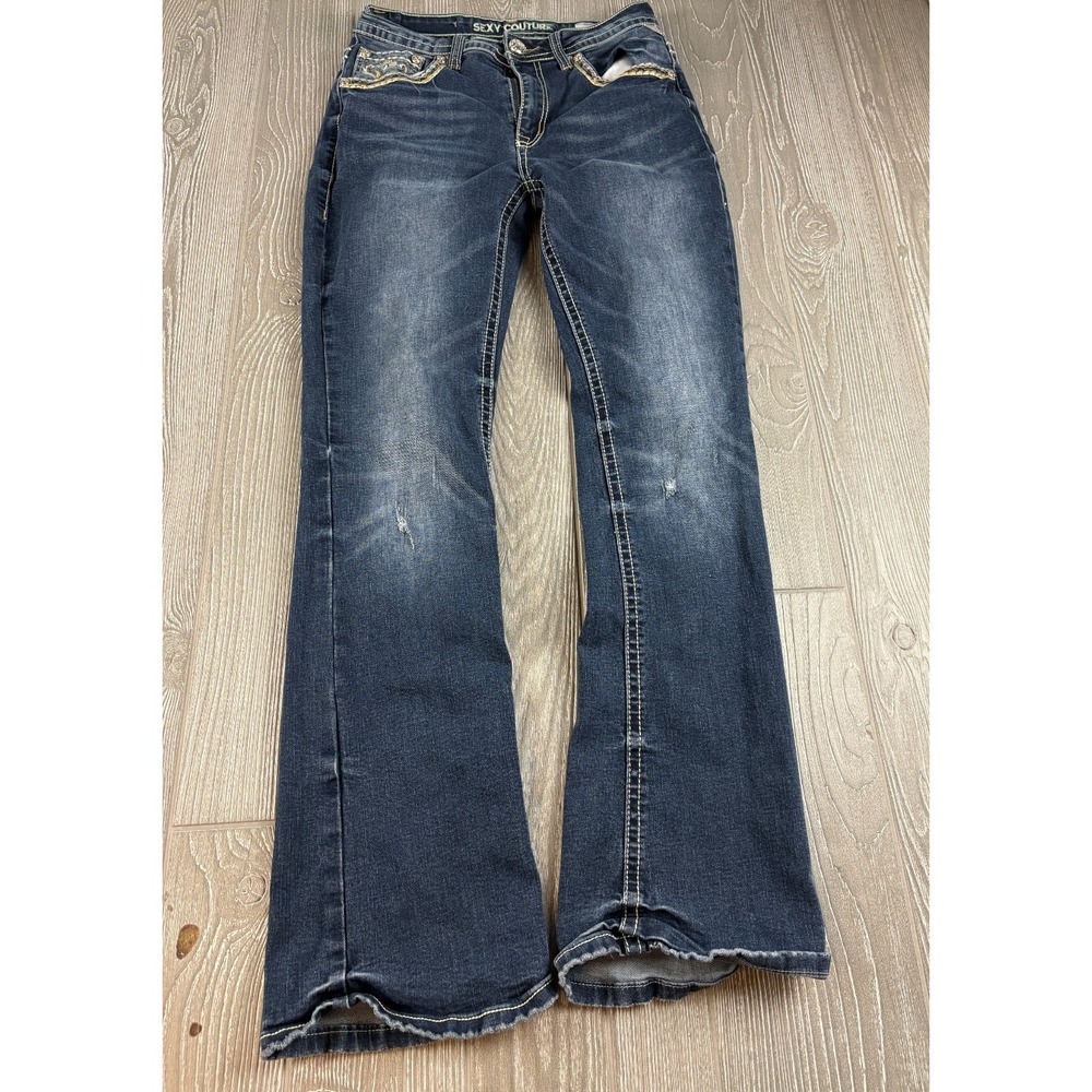 Sexy Couture Womens Mid Rise Bootcut Jeans Blue Embroidered Size 11 Inseam 30